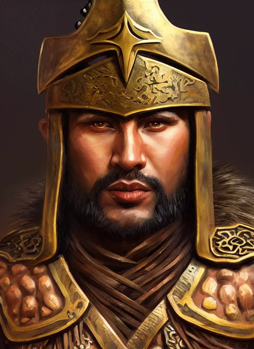 Image similar to smart tai warlord, closeup portrait, beardless, smooth - faced, historical hero, ethnic group, tai costume, bronze headdress, intricate, with leather armor cross on bare chest, elegant, loin cloth, highly detailed, oil painting, artstation, concept art, matte, sharp focus, illustration, hearthstone, art by earl norem
