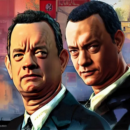 Image similar to tom hanks, gta v cover art, art by stephen bliss, matte painting, sharp focus