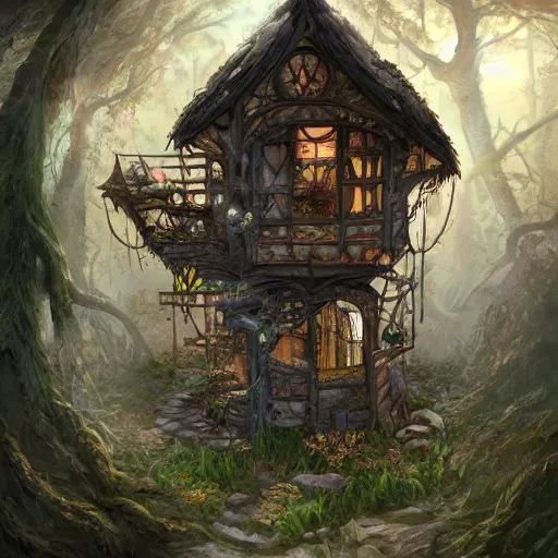 Image similar to a storybook illustration of a ramshackle multistory fairytale hut in the forest, intricate, elegant, on chicken legs, in forest, fantasy, highly detailed, digital painting, concept art, sharp focus, trending on artstation