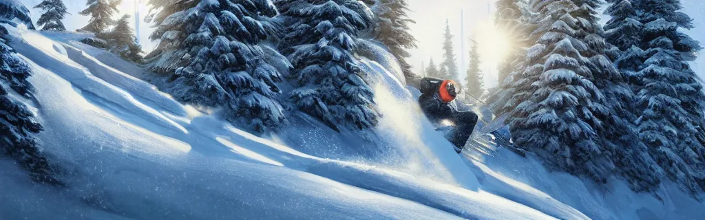 Image similar to a close up profile shot of a skier rushing down a snowy mountian. 8 k, epic cinematic hyperrealism masterpiece. realistic poster with shaded lighting by craig mallismo, artgerm, jeremy lipkin and michael garmash, unreal engine, radiant light, detailed and complex environment, digital art, art station trends, detailed, lens flare, motion blur