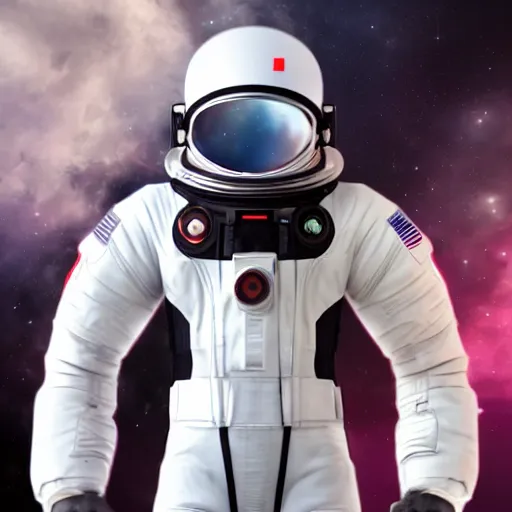 Prompt: white spacesuit floating in space, red black white purple colors, cinematic lighting, beautiful, trending on artstation