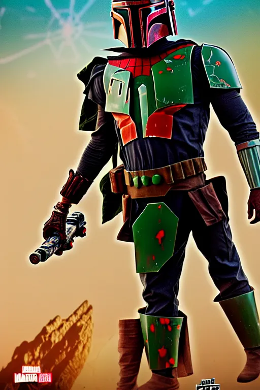 Prompt: boba fett mixed with spiderman, digital art, movie still from thor ragnarok, insane detail