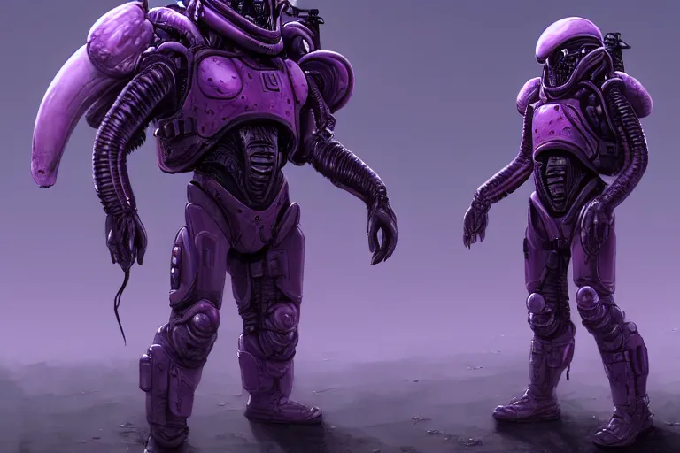 Prompt: alien military armored soldier, purple, futuristic, apocalyptic, by jon aaron kambeitz, katsuhiro otomo, heng z, concept art, insanely detailed, raytracing, octane, unreal engine, trending on artstation