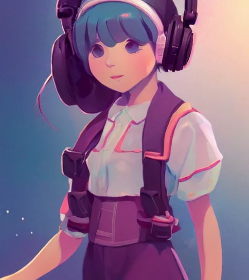 Image similar to beautiful little girl character inspired by 9 0's fashion and by madeline from celeste, art by rossdraws, wlop, ilya kuvshinov, artgem lau, sakimichan and makoto shinkai, concept art, headphones, anatomically correct, extremely coherent, realistic