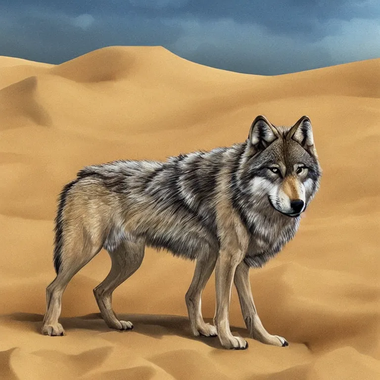 Image similar to Majestic wolf in a sand dune on the heath. Rough brushstrokes. Beautiful detailed scene. Interesting natural colour scheme. Beautiful digital painting by Lurid (2022)