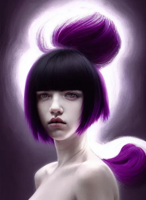 Image similar to portrait of teenage girl, red irises, bangs, black and white hair, white bangs, purple clothes, white bangs, two color hair, black hair and white bangs, intricate, elegant, glowing lights, highly detailed, digital painting, artstation, concept art, smooth, sharp focus, illustration, art by wlop, mars ravelo and greg rutkowski