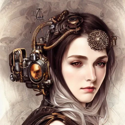 Prompt: a photograpic portrait of a pretty woman, steampunk, fantasy, intricate, elegant, highly detailed, digital painting, artstation, concept art, smooth, sharp focus, illustration, art by artgerm and h r giger and alphonse mucha