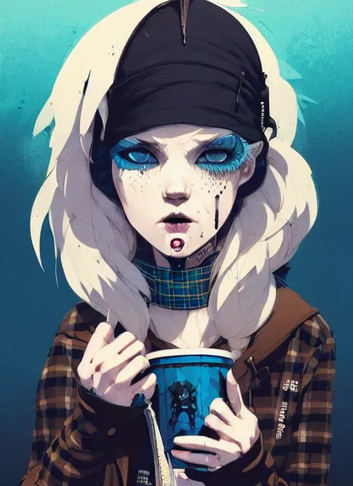 Image similar to highly detailed portrait of a sewer punk lady student, blue eyes, tartan hoodie, white hair by atey ghailan, by greg rutkowski, by greg tocchini, by james gilleard, by joe fenton, by kaethe butcher, gradient blue, black, brown and cream color scheme, grunge aesthetic!!! ( ( graffiti tag wall background ) )