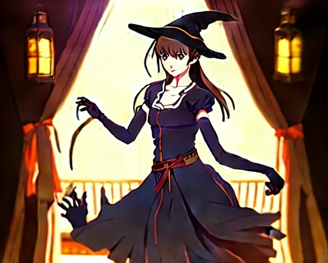 Image similar to key anime visual portrait of a young female witch in a tavern interior defending a companion, dynamic pose, dynamic perspective, cinematic, dramatic lighting.