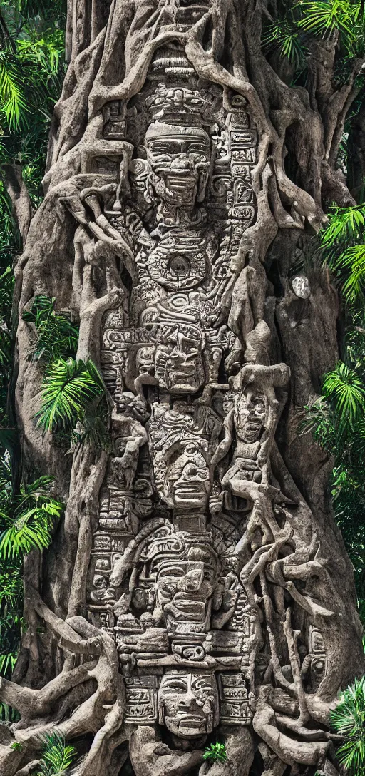 Prompt: portrait of mayan gods carved in a tree, octane render, photorealism, highly detailed, hdr, 8 k, complex 3 d render, hyper detailed, ultra sharp