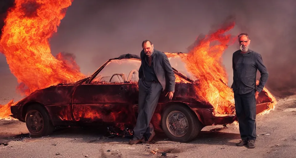 Prompt: 45 year old man with few grey hair standing besides a car in flames in a desert, purple color-theme, cinematic, science-fiction art wallpaper, stunning digital art