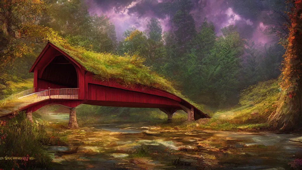 Prompt: Beautiful covered bridge in the woods” Beautiful Dreamscape, Digital art, concept art, detailed, lovely colors, Art station,3-D 4K, beautiful background, matte painting, Mike Criss,