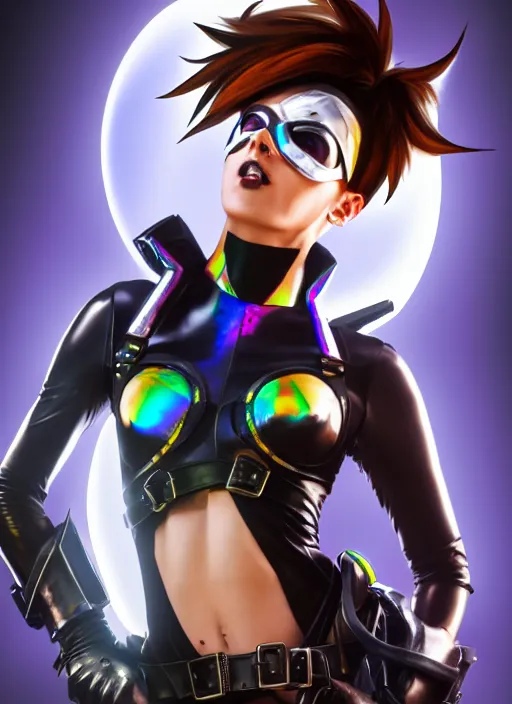 Image similar to oil painting digital artwork of tracer overwatch, confident pose, wearing black iridescent rainbow latex, 4 k, expressive happy smug expression, makeup, in style of mark arian, wearing leather collar, wearing sleek armor, black leather harness, expressive detailed face and eyes,