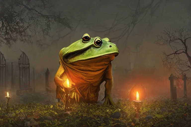 Image similar to an ultra detailed animation of a halloween bullfrog in a graveyard at midnight, digital art, dark fantasy, concept art, soulslike, by alphonse mucha, blood moon eclipse, ruined building in the background, artstation, 8 k, unreal engine render