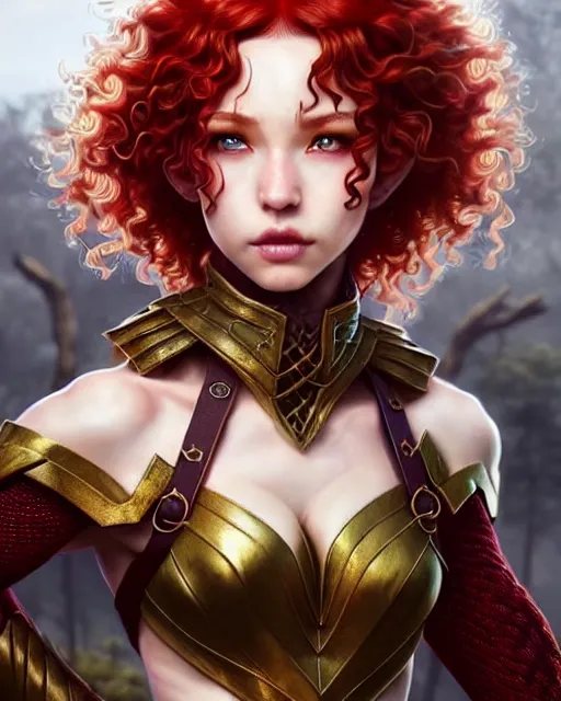 Prompt: ranger, intricate fantasy outfit!!! beautiful and athletic red curly hair female elf!! gorgeous face and eyes!! character concept art, sharp focus, octane render! unreal engine 5! highly rendered!! trending on artstation!! detailed linework!! illustration by artgerm, wlop, and chie yoshii