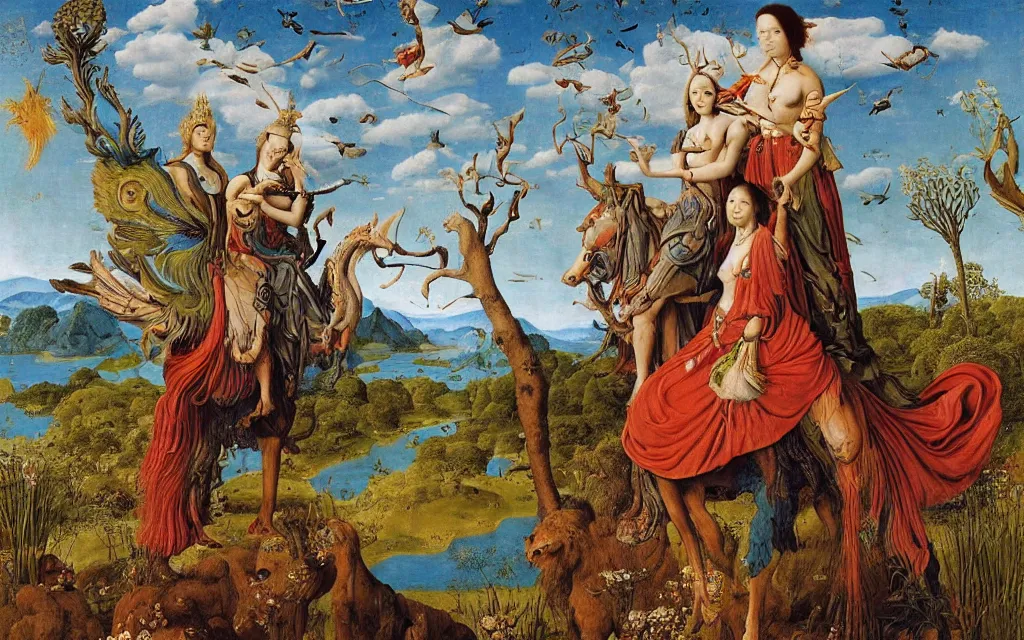 Prompt: a portrait photograph of a meditating harpy and a centaur king riding eagles and hugging animals at a river delta. surrounded by bulbous flowers, animals and trees. mountains range under a blue sky of burning stars. painted by jan van eyck, max ernst, ernst haeckel and ernst fuchs, cgsociety, artstation, fashion editorial, 8 k