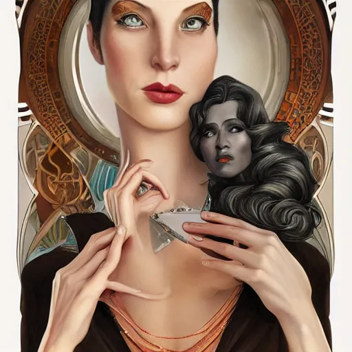 Image similar to an art nouveau, ( streamline moderne ), multi - racial portrait in the style of anna dittmann and donato giancola and chanthara. very large, clear, expressive, and intelligent eyes. centered, ultrasharp focus, dramatic lighting, photorealistic digital matte painting, intricate symmetrical ultra detailed background.