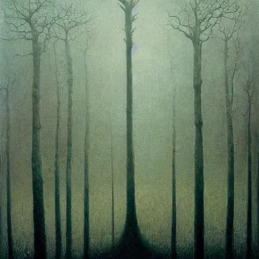 Prompt: deep in a dark and mysterious forest, loneliness, great space, byzdzisław beksinski