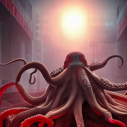 Prompt: Illustration of the Chinese communist party as a dirty octopus with lots of tentacles, dystopian, dirty, 3d shaded, cyberpunk, volumetric lighting, cgsociety, imax, highly detailed