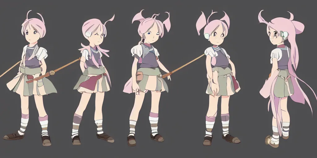 Image similar to a magical adventurer little girl character anime model sheet; in the magical studio ghibli anime; character outfit concepts; trending on artstation, highly detailed, clean lineart