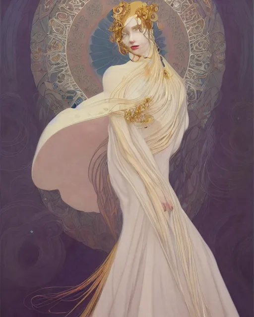 Image similar to portrait of an ethereal woman with pale hair and gold eyes wearing a flowing white and gold gown surrounded by wing motifs, ilya kuvshinov, greg rutkowski, anime, alphonse mucha, kay nielsen, intricate, digital painting, concept art