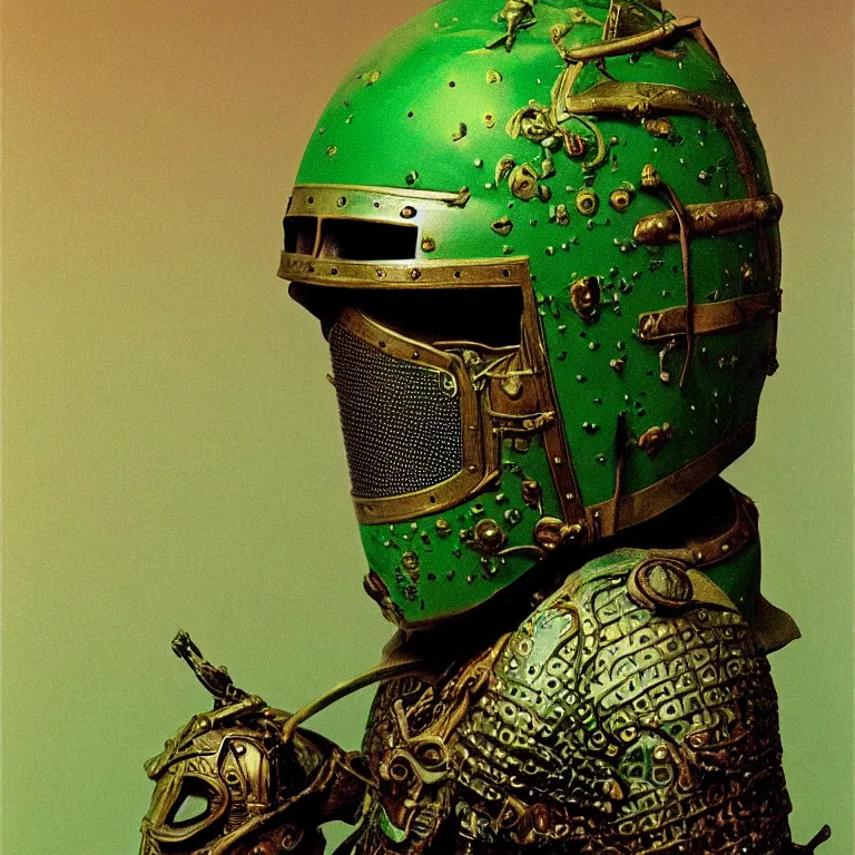Image similar to portrait of a knight in a ornate motorcycle dirt helmet, background green plastic bag,, by zdzisław beksinski, elegant, fashion studio, ighting, 3 5 mm, edward hopp