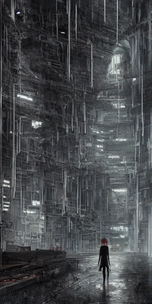 Prompt: lonely stranger inside a hall of monumental cyberpunk industrial factory megacomplex; by tsutomi nihei; hyperrealistic, 4K wallpaper, highly detailed-H 768