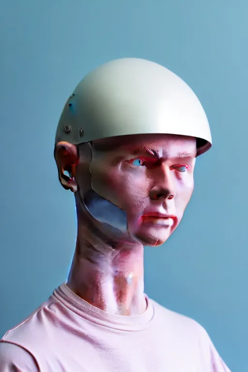 Prompt: a high definition film photograph of a normal androgynous robot human wearing a plain white t - shirt, in a pastel pink room. happy. metal visor covering eyes. metallic shiny gold coloured helmet. crushed shadows.