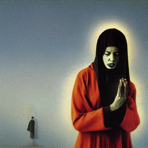 Prompt: a young black nun smoking and puffing lots of smoke, minimalistic background, by Beksinski