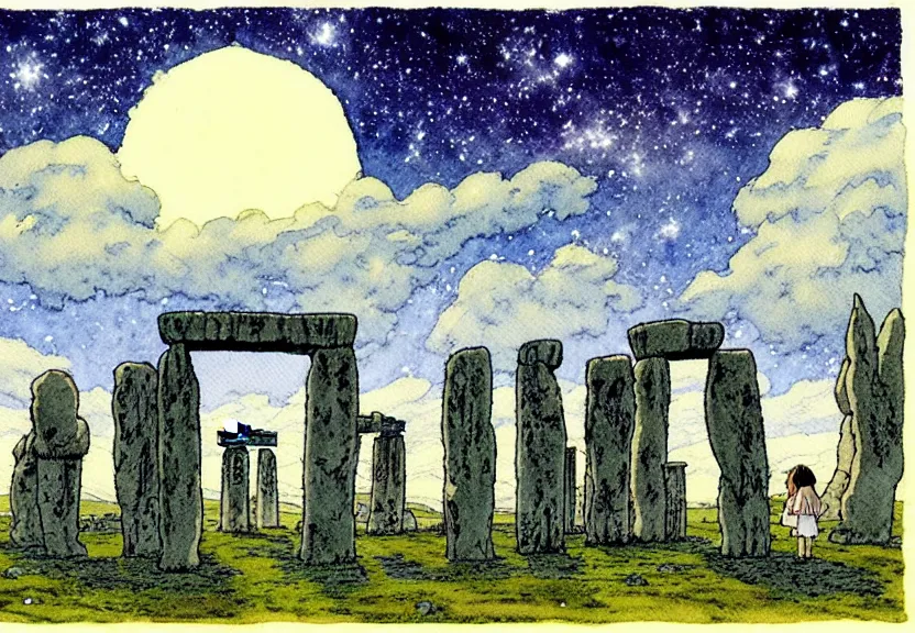 Image similar to a simple watercolor studio ghibli movie still fantasy concept art of stonehenge. a giant squid from princess mononoke ( 1 9 9 7 ) is in the sky. it is a misty starry night. by rebecca guay, michael kaluta, charles vess