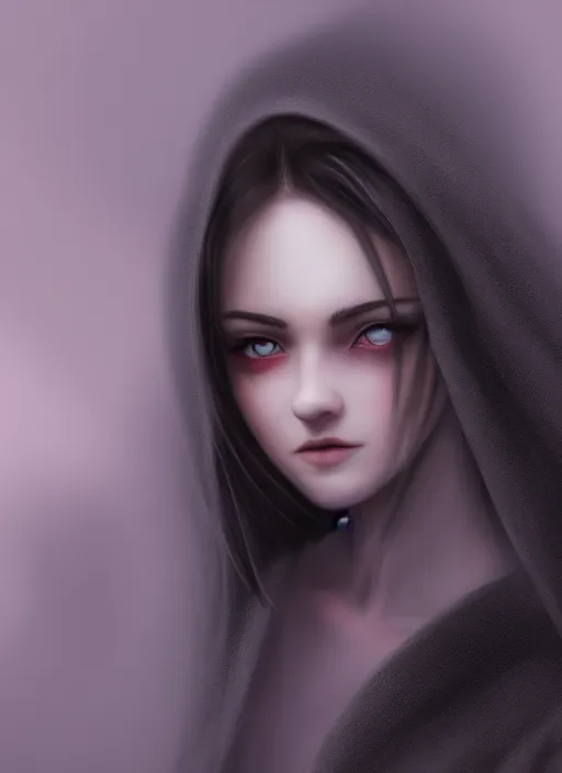 Image similar to long face, sharp features, girl, portrait, devil smile, grey eyes, black hair, dark cloak, dnd, cinematic light, pastel colors, volumetric shading, high radiosity dull skin, global illumination, radiant light, soft light, soft color dodge, subsurface scattering