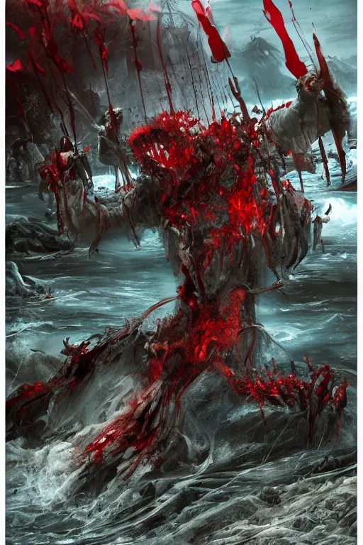 Image similar to bloody river in hell, trending on artstation