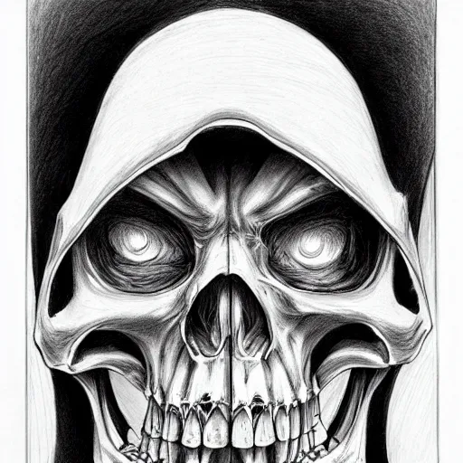 Prompt: Grim Reaper by Takeshi Obata, skeleton face symmetrical face,pencil art on paper