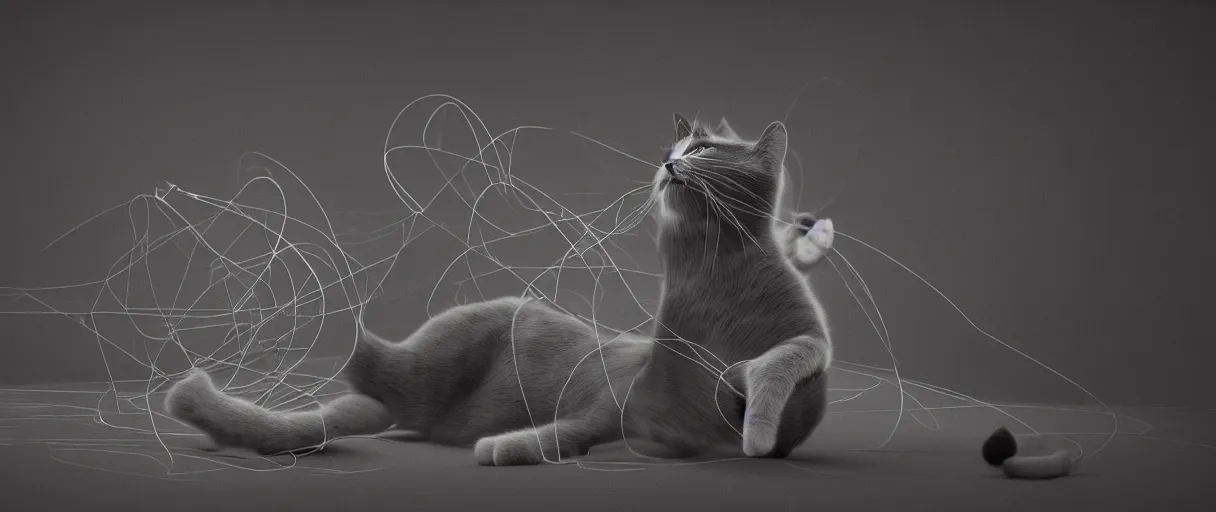 Prompt: 3 d render of cat playing with yarn in non - euclidean space, concept art, high detail, artstaion, dark atmosphere, noir, 4 k