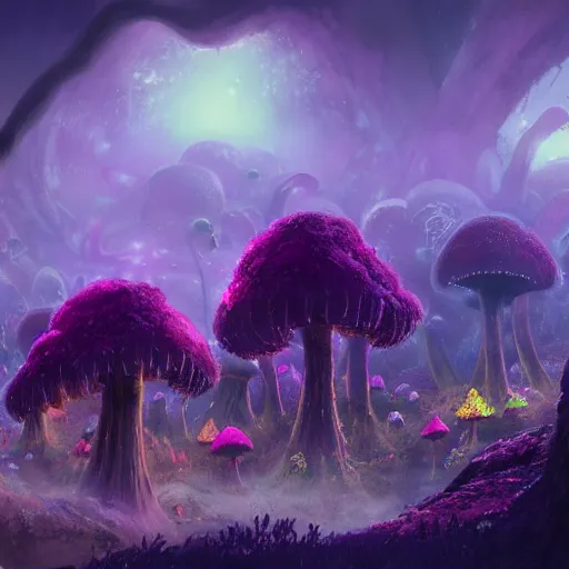 Image similar to concept art painting of a fantasy alien fungal landscape at night, magenta trees, glowing blue mushrooms, houses made of fungus, dark purple sky, realistic, detailed, cel shaded, in the style of makoto shinkai and greg rutkowski and albert bierstadt and james gurney