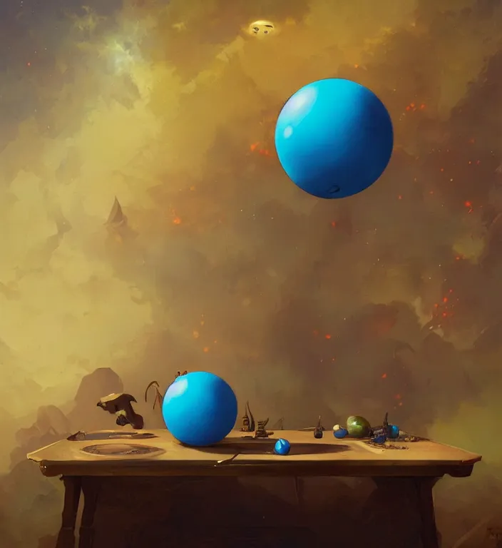 Prompt: a blue ball on a table, digital artwork by Peter Mohrbacher and Dan Mumford