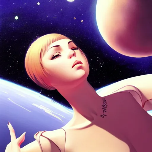 Image similar to ilya kuvshinov art of a woman floating in space