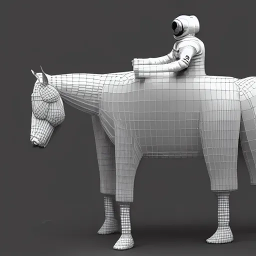 Image similar to an astronaut standing on the ground and a horse horse horse horse standing right above the human, the horse is atop of the head, on top his helmet and on his shoulders minimalist style, 3 d render, isometry