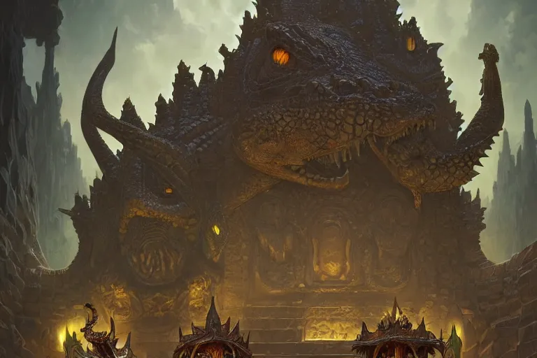 Image similar to crocodile god throne room, menacing statues of reptiles, deep focus, d & d, fantasy, intricate, elegant, highly detailed, digital painting, artstation, concept art, matte, sharp focus, illustration, hearthstone, art by artgerm and greg rutkowski and alphonse mucha