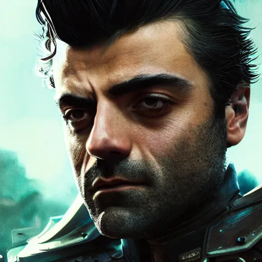 Image similar to oscar isaac portrait, dystopia core, apocalyptic, armor, warrior, dramatic, sharp focus, fiction, neon, fantasy, hyper detailed, digital art, trending in artstation, cinematic lighting, studio quality, smooth render, unreal engine 5 rendered, octane rendered, art style and nixeu and wlop and krenz cushart