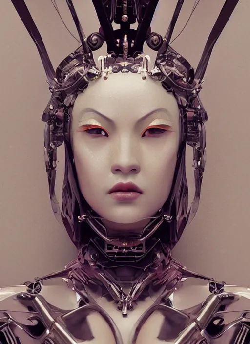 Image similar to portrait of a sensual futuristic geisha cyborg, latex, modern fine art, fractal, intricate ornaments, elegant, highly detailed, digital photography, subsurface scattering, by jheronimus bosch and greg rutkowski,