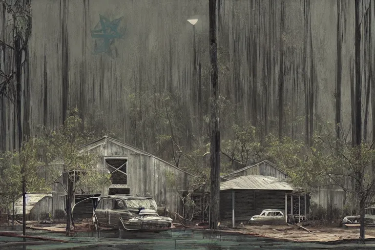 Image similar to scene from louisiana swamps, old protestant church with neon satanic pentagram, junkyard by the road, boy scout troop, voodoo artwork by tim eitel