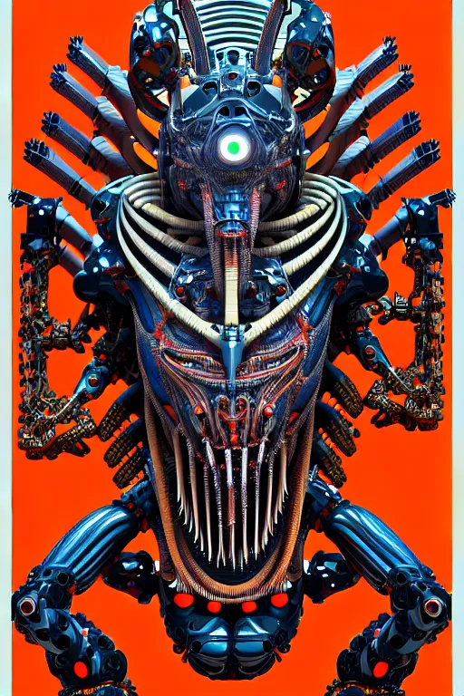 Prompt: a centered uncut fullbody frontview portrait of a robotic predator headed biomechanical creature by clogtwo and subjekt zero feat paul lewin and ø - cult. intricate detailed sharp clean textured very ornated. indian style tapestry design. hd. 4 k. lowbrow color palette
