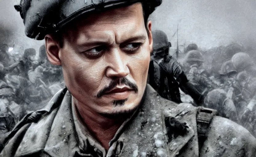 Image similar to a still of johnny depp in the movie saving private ryan, mystery horror, cinematic gritty lighting, grainy film, artstation, deviantart,