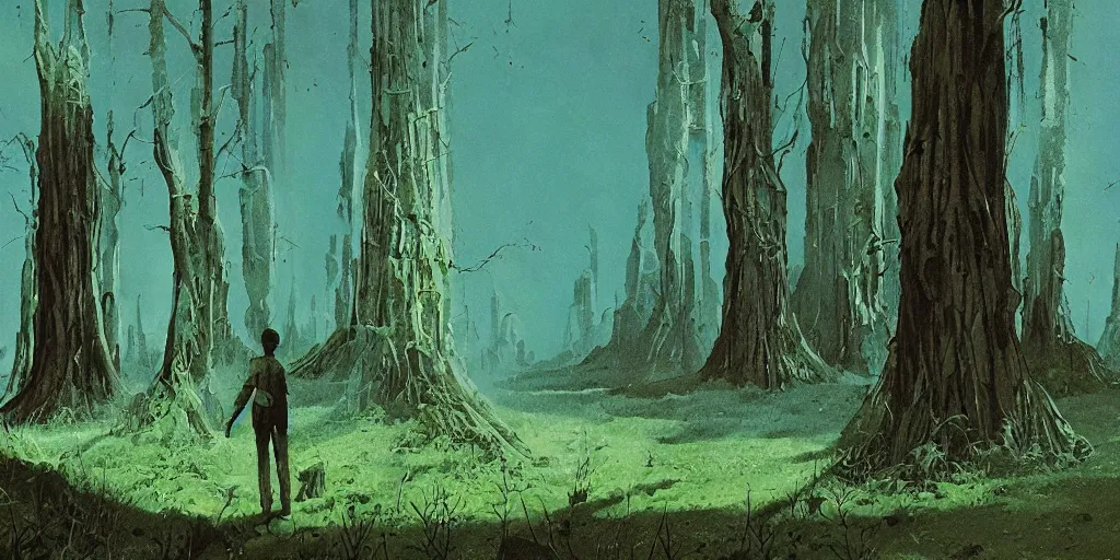 Image similar to Artwork by Dean Ellis of the cinematic view of the Celestial Forest of Buried Enchantments.