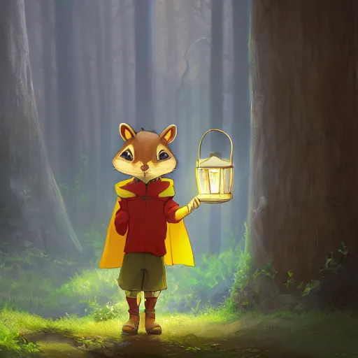 Image similar to concept art painting of an anthropomorphic anime chipmunk wearing a yellow cloak, holding a lantern, in the deep forest, realistic, detailed, cel shaded, in the style of makoto shinkai and greg rutkowski and james gurney