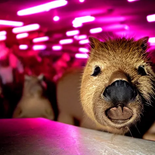 Image similar to capybara wearing shades in a night club, trippy club lighting