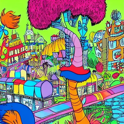 Prompt: fanciful city by dr seuss, the lorax, on beyond zebra, if i ran the zoo