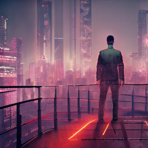 Prompt: a man standing on top of a bridge over a city, cyberpunk art by vincent lefevre, behance contest winner, altermodern, cityscape, synthwave, matte painting, - w 7 6 8