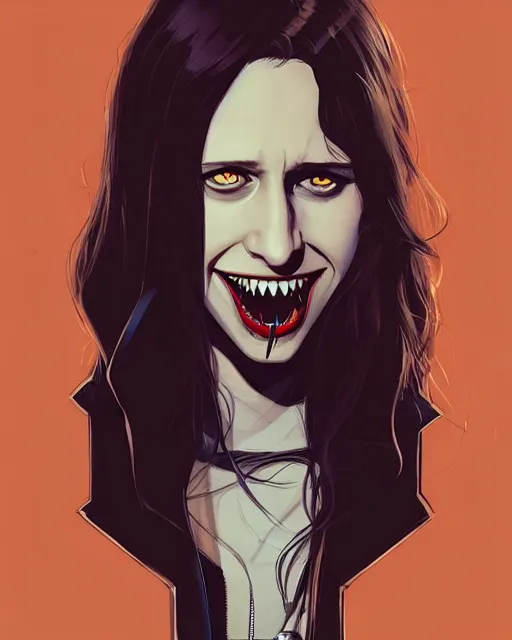 Image similar to in the style of Rafael Albuquerque comicbook art and Joshua Middleton, moody lighting, beautiful evil vampire Taissa Farmiga sharp bloody vampire fangs, evil smile showing fangs, symmetrical eyes, realistic face, symmetrical face, brown leather jacket, jeans, long black hair, full body